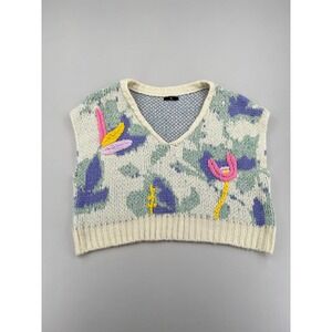 HH Floral Embroidered Knit Sweater Vest V-Neck Cropped Purple Cream Women's XL